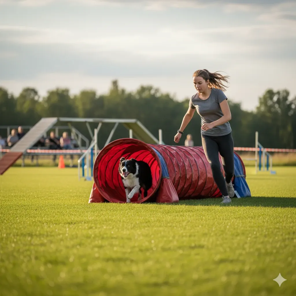 Un conduttore guida il suo cane attraverso un percorso di Agility, illustrando le tecniche di handling.