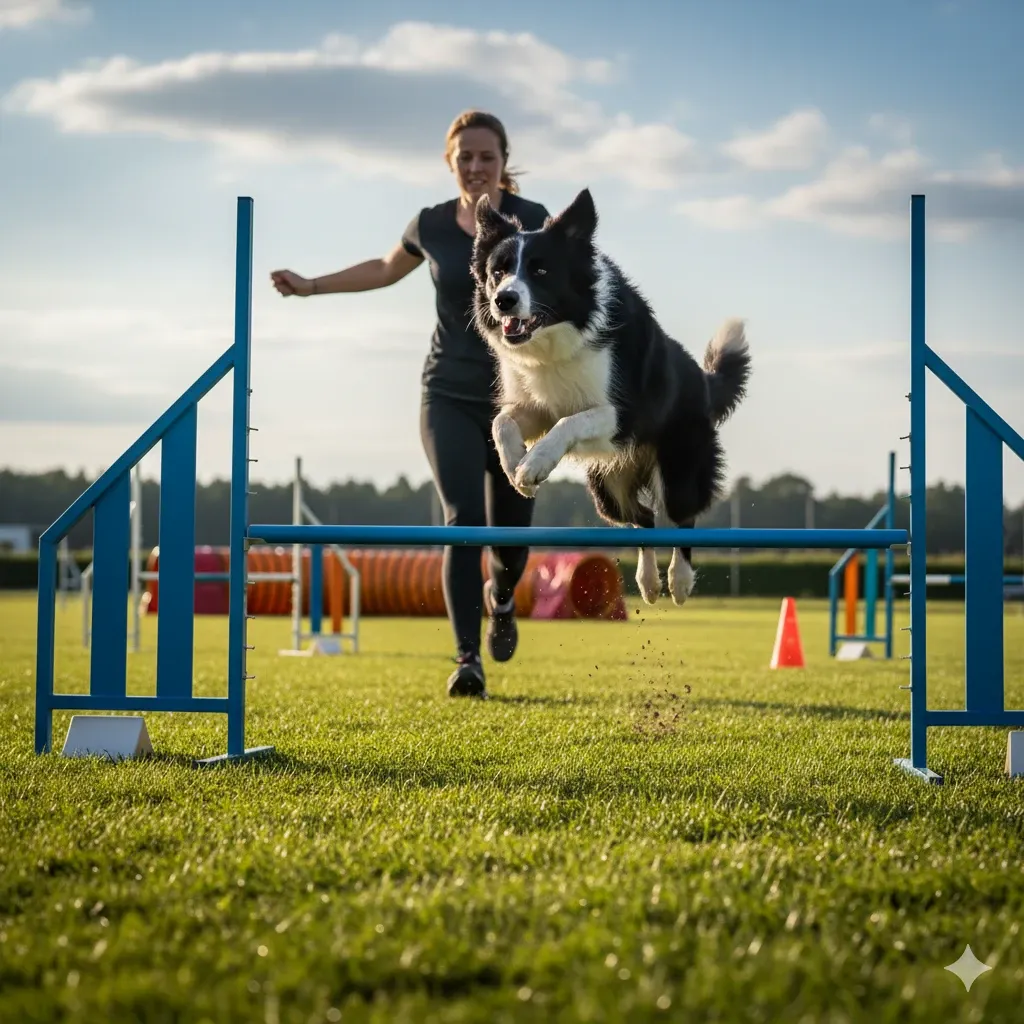 Un cane affronta un salto con tecnica e velocità, l’essenza della disciplina del Jumping.