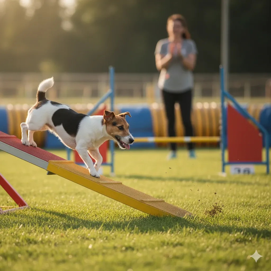 Il cuore di un Terrier batte nel piccolo Jack Russel sul campo di Agility Dog